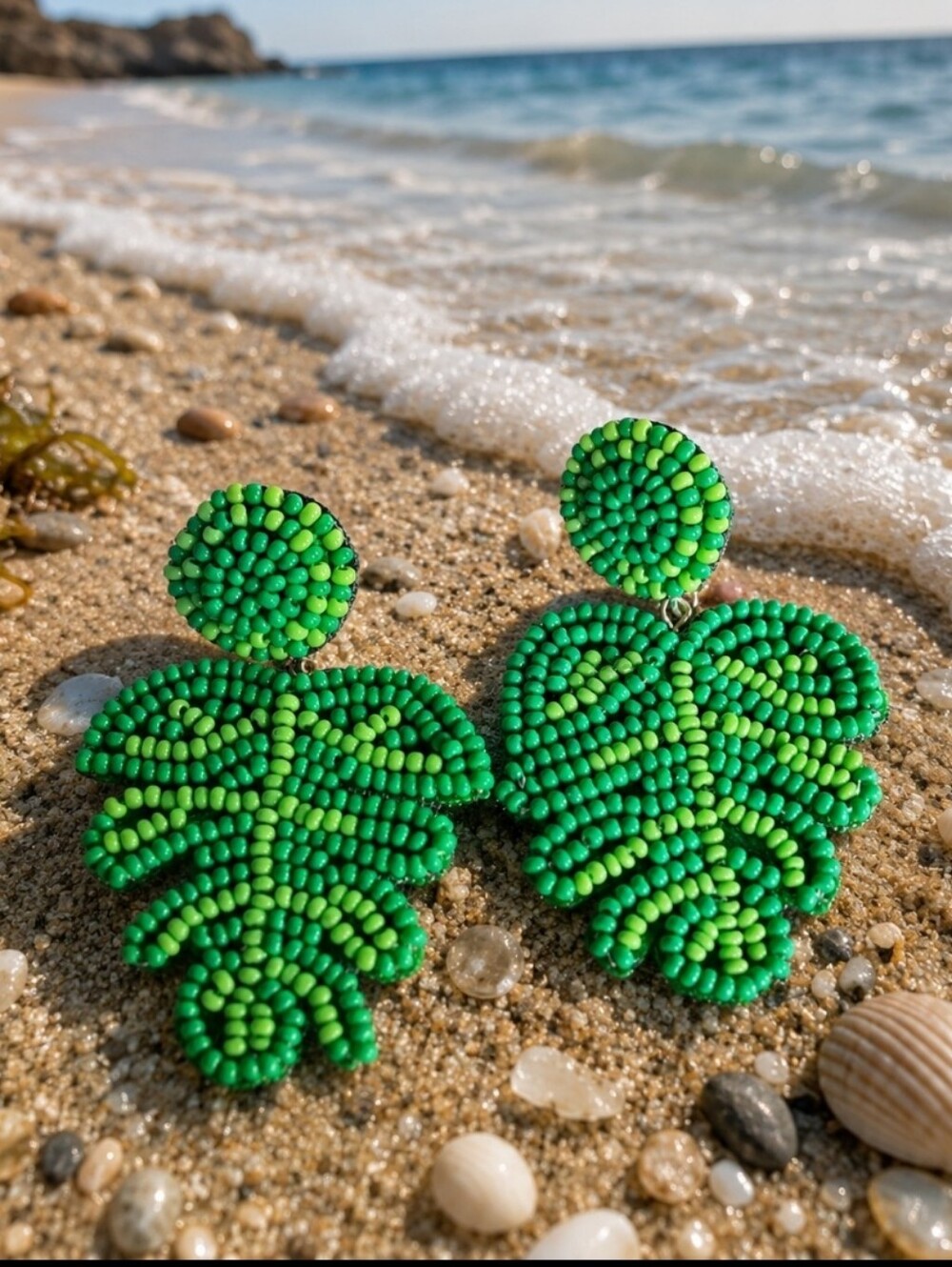 Seed Beads Green Palm Leaves Leather? Backed Pierced Gold Tone Earrings NWOT